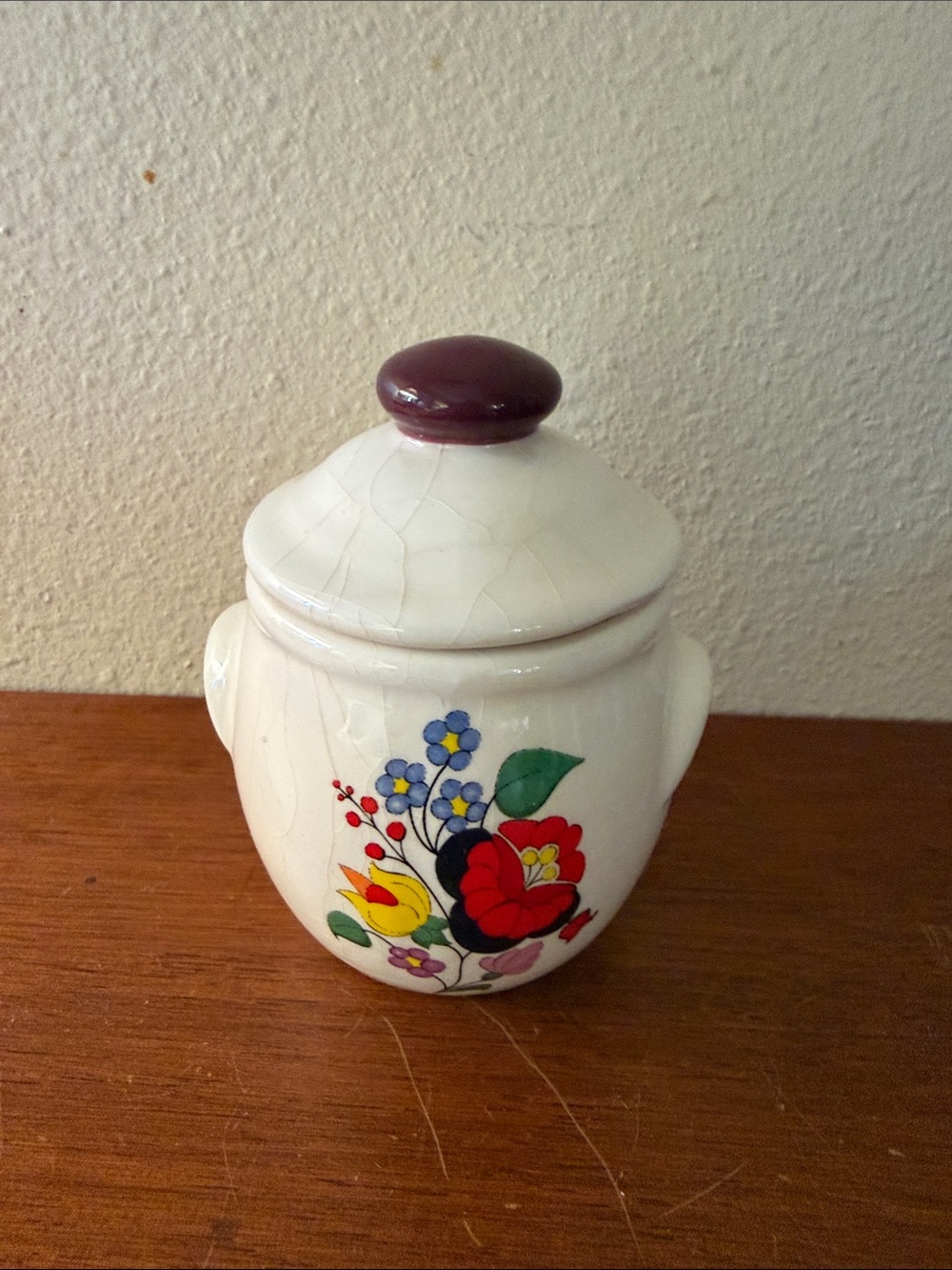 Ceramic Floral Canister with Maroon Lid - Home Art